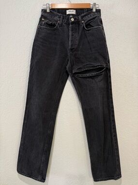 Agolde Women’s Washed Black Straight Jeans with High Thigh Cut Size 26